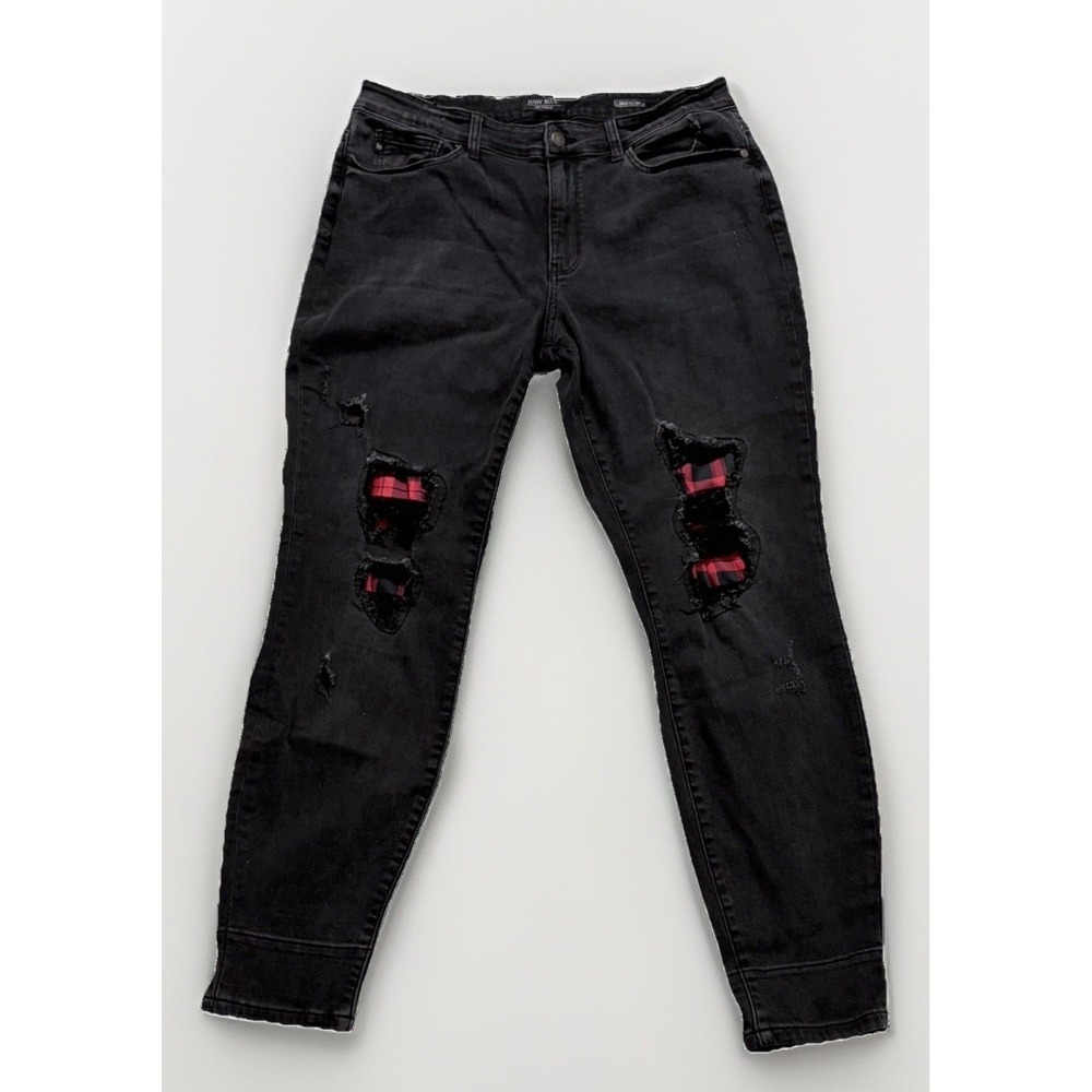 Judy Blue Jeans Womens 18W Black Distressed Skinny Red Plaid Patches